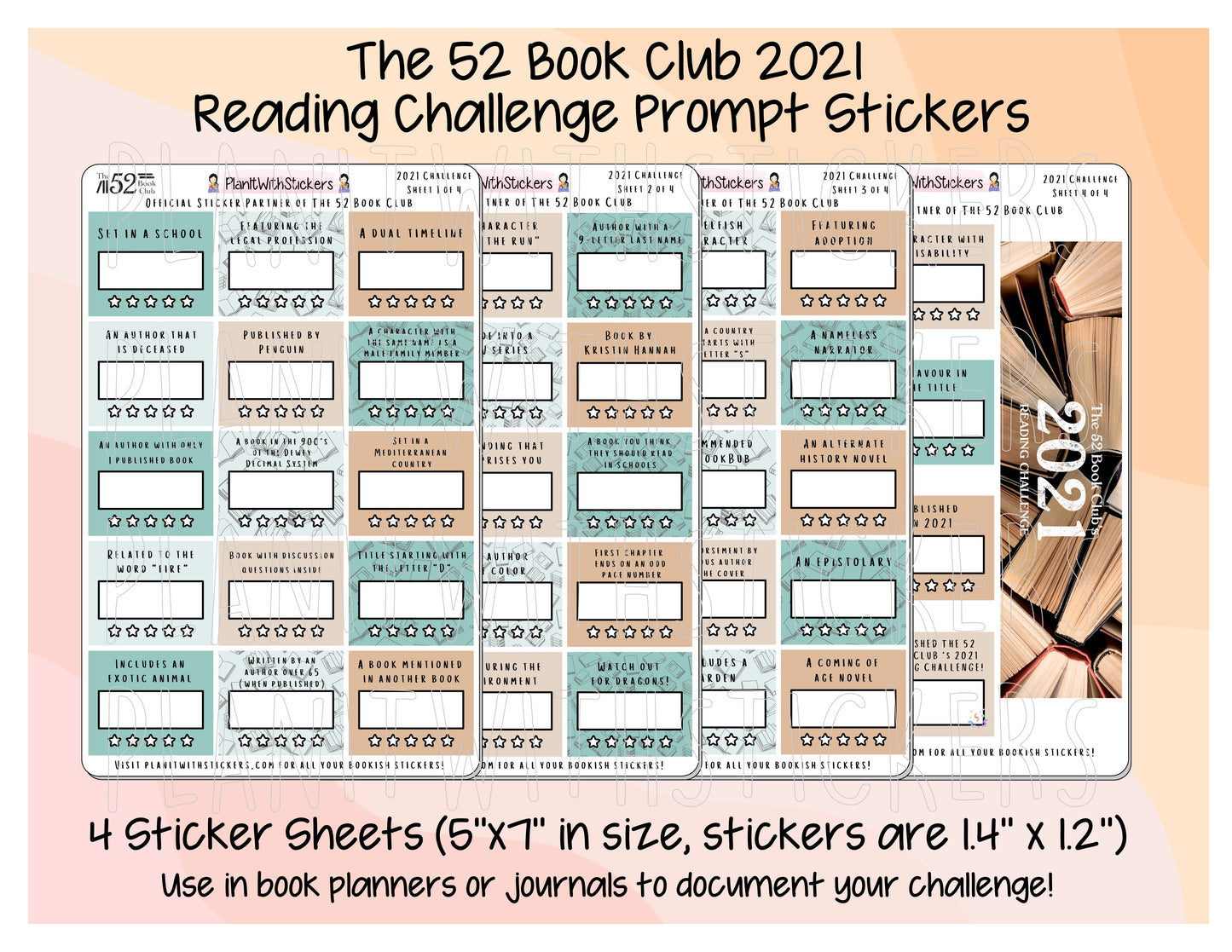 2021 - The 52 Book Club Reading Challenge Prompt Stickers for Reading Planners and Reading Journals