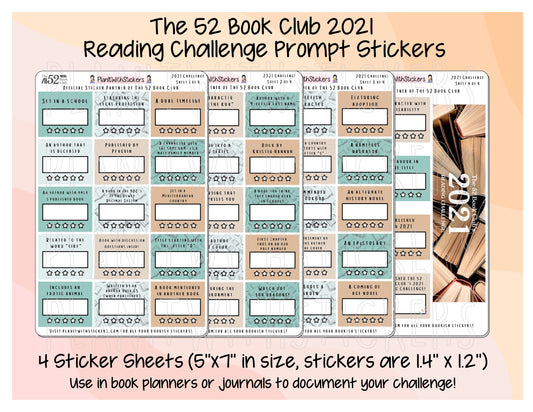 2021 - The 52 Book Club Reading Challenge Prompt Stickers for Reading Planners and Reading Journals