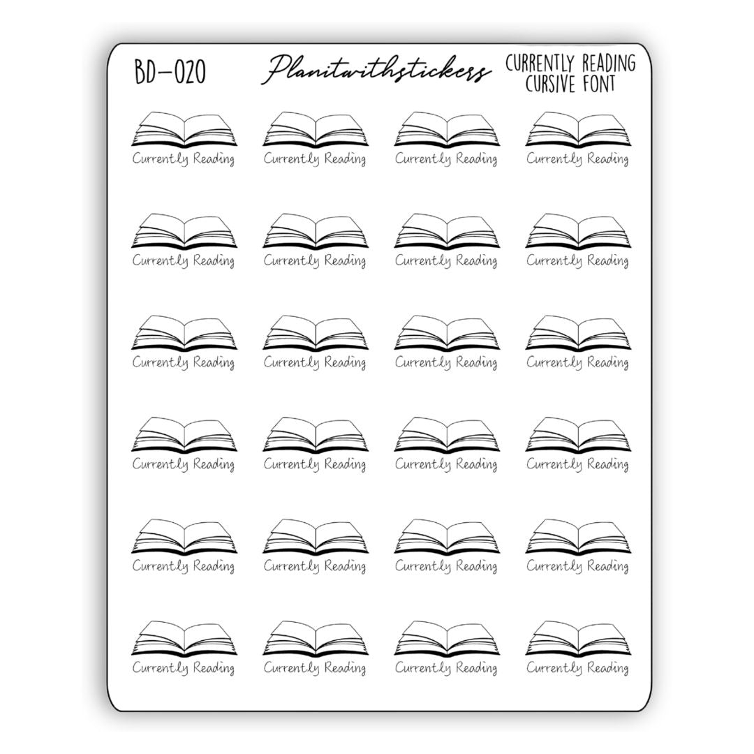 Currently Reading Open Book Stickers - Cursive Font (Monochrome/Foiled)