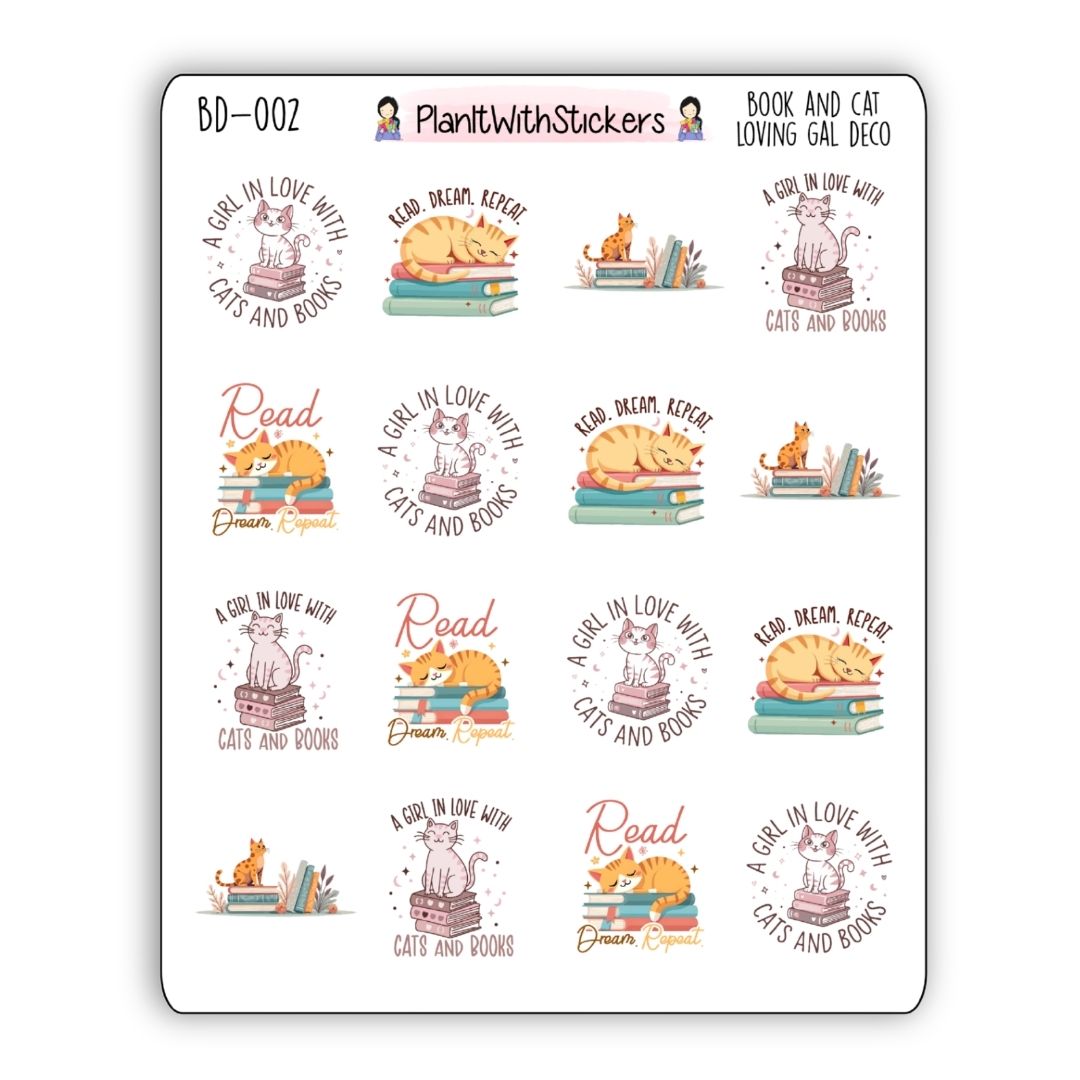 Book and Cat Loving Gal Deco Stickers