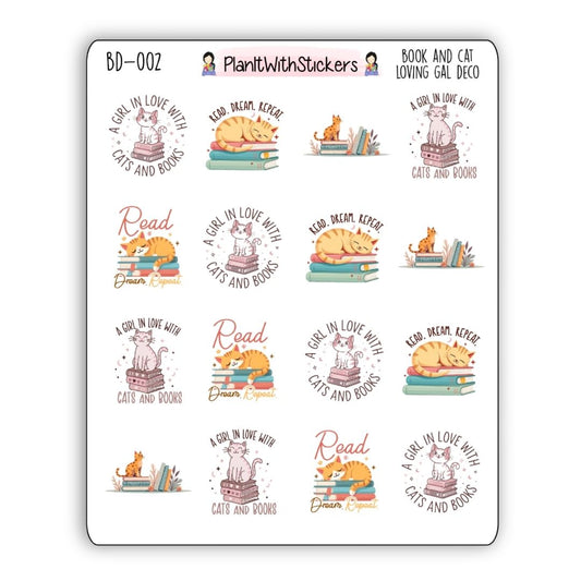 Book and Cat Loving Gal Deco Stickers