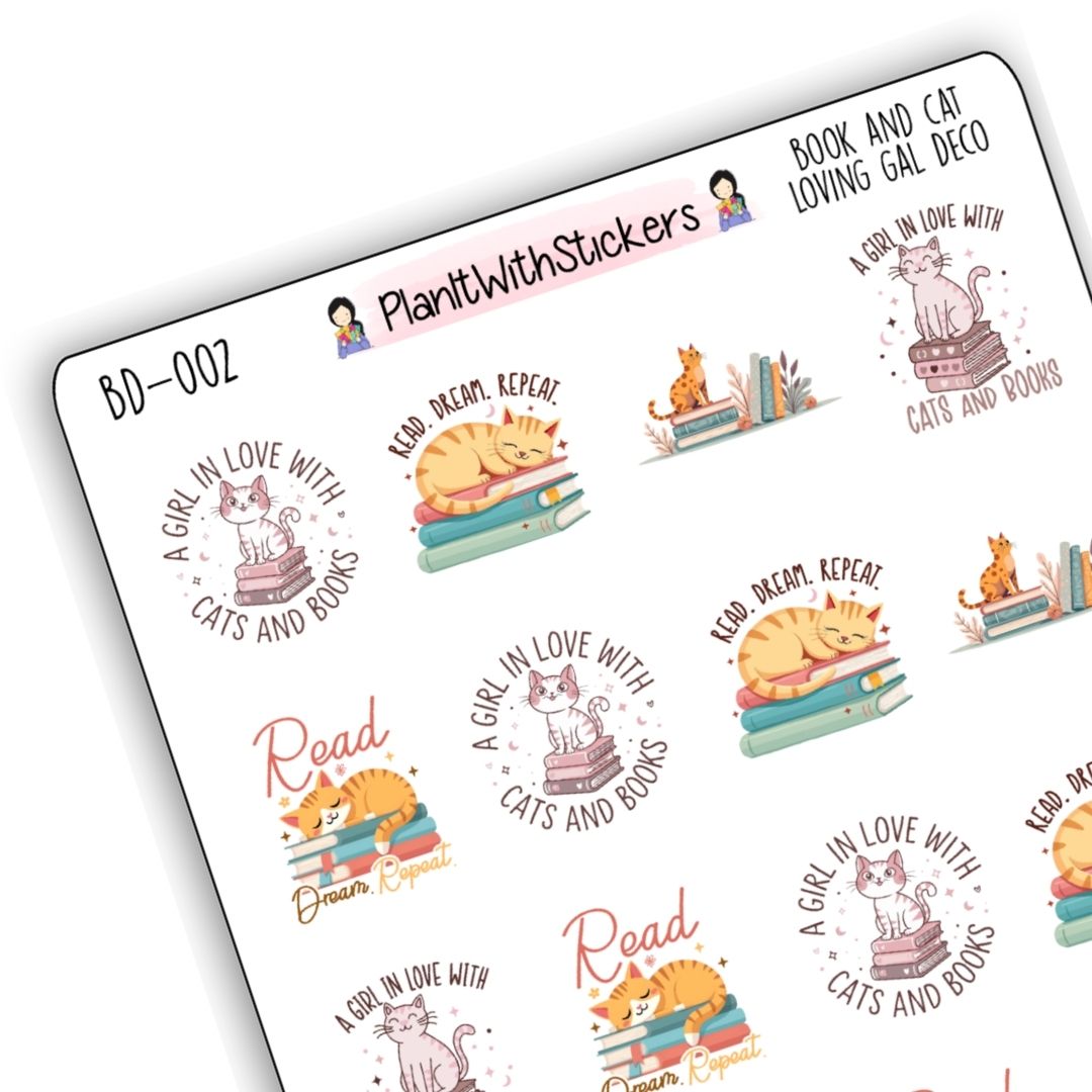 Book and Cat Loving Gal Deco Stickers