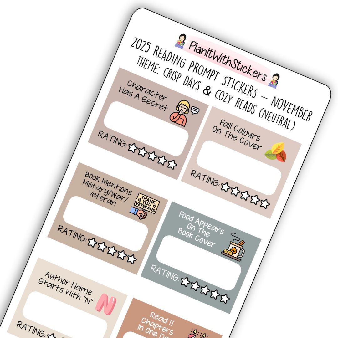 Close up view of fall-themed mini reading challenge sticker sheet with 8 book prompts, shown in neutral colour options.