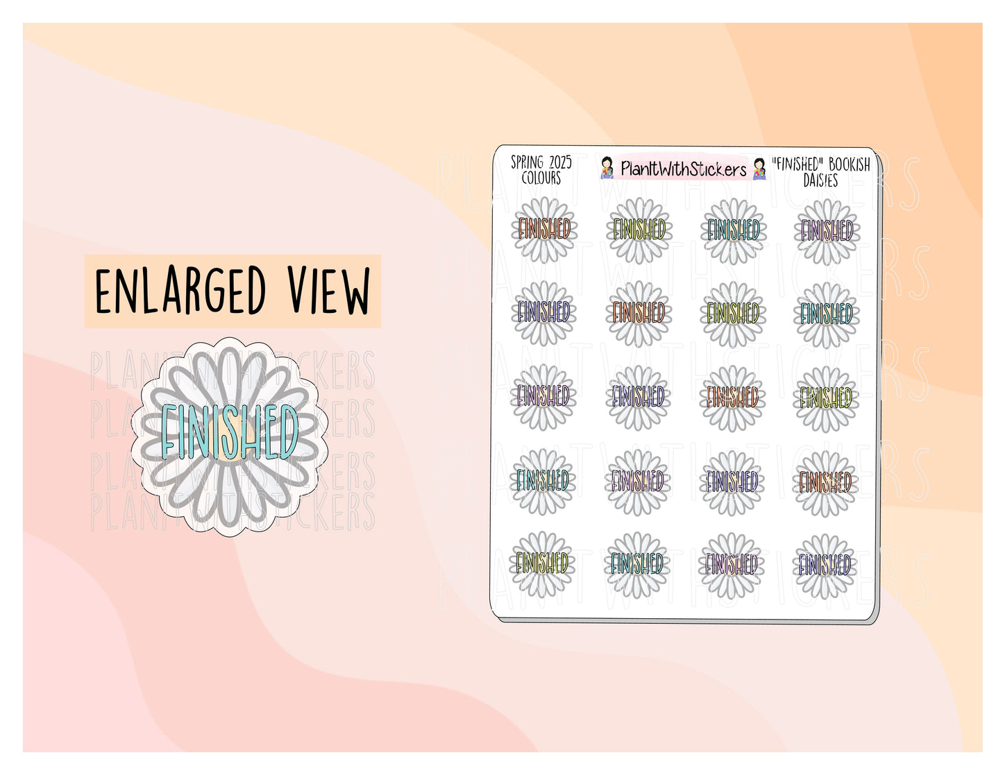 "Finished" Bookish Daisy Book Journal Prompt Sticker - Spring 2025 Colours