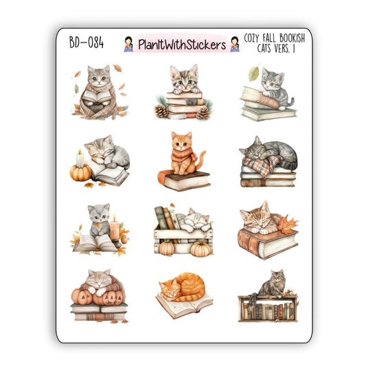 Cozy Fall Bookish Cat Decorative Stickers V1