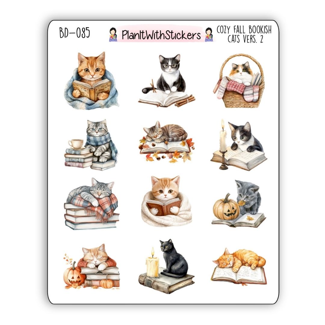 Cozy Fall Bookish Cat Decorative Stickers V2