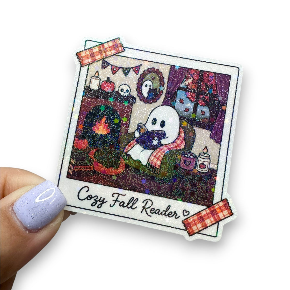 Cozy Fall Reader Ghostie Polaroid Holographic Diecut Sticker