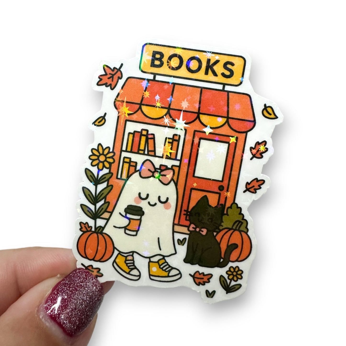 Cozy Ghost Book Store Halloween Holographic Diecut Sticker