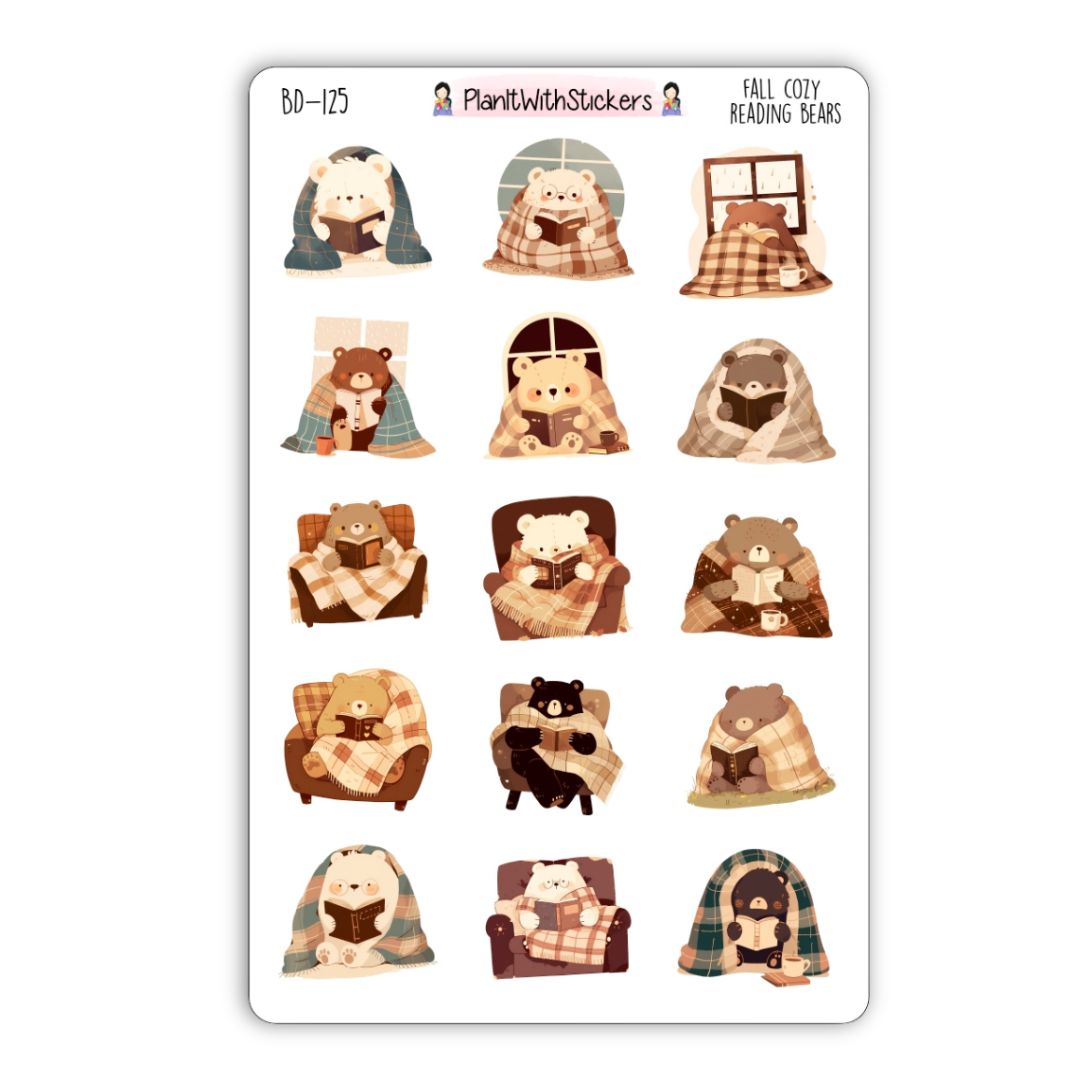 Fall Cozy Reading Bears Deco Stickers