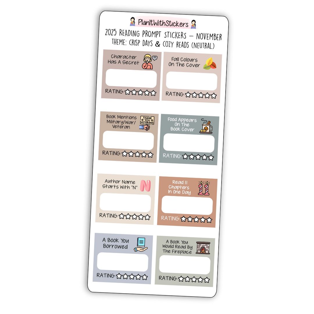 Full view of fall-themed mini reading challenge sticker sheet with 8 book prompts, shown in neutral colour options.