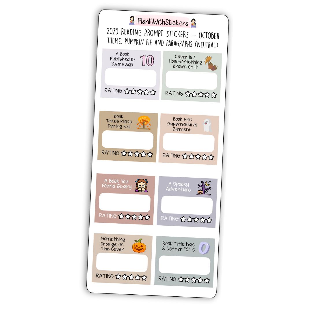 Full view of Halloween-themed mini reading challenge sticker sheet with 8 book prompts, shown in neutral colour options.
