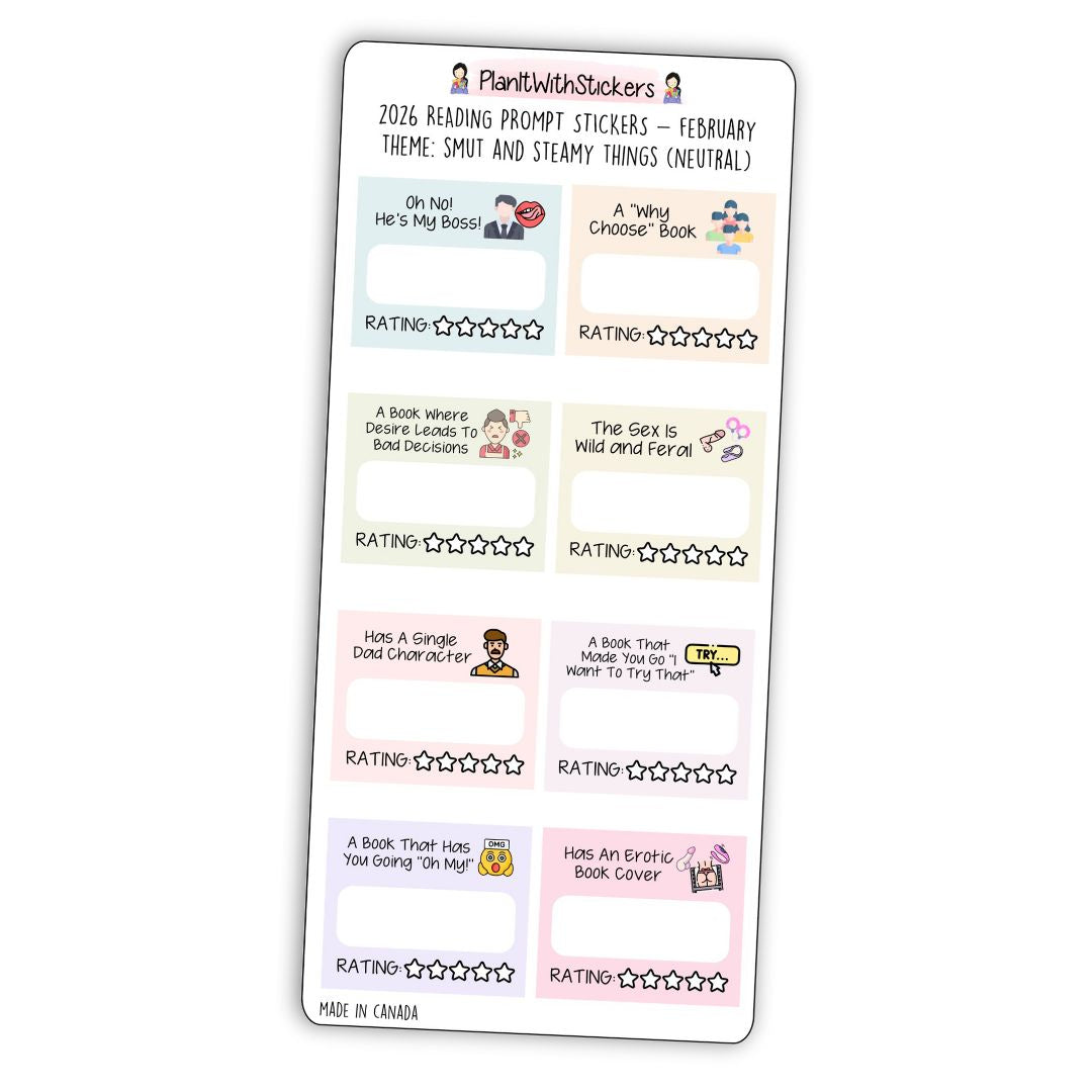 February 2026 – Smut & Steamy Things – Mini Reading Prompt Sticker Sheet (Rainbow or Neutral)