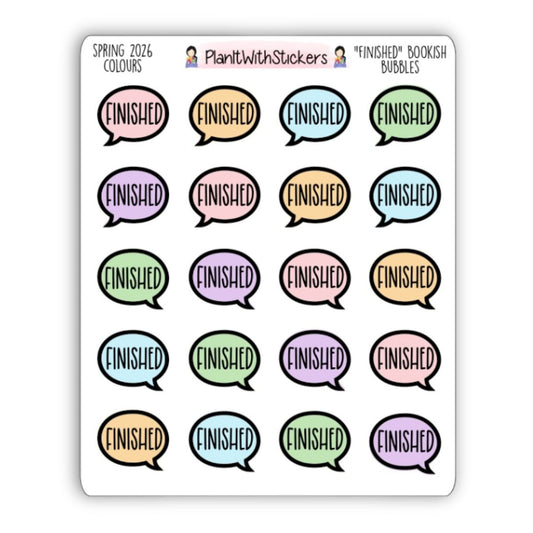 "Finished" Bookish Bubbles Book Review Sticker - Spring 2026
