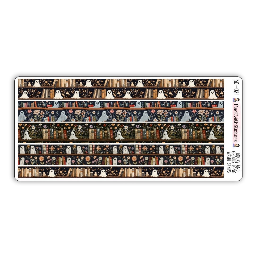 Ghosts and Books Bookshelf Long Washi Strip Stickers