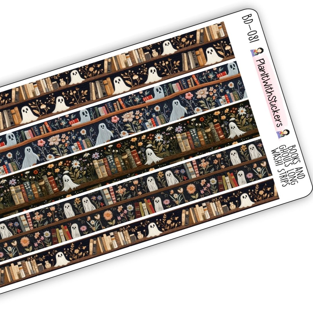 Ghosts and Books Bookshelf Long Washi Strip Stickers
