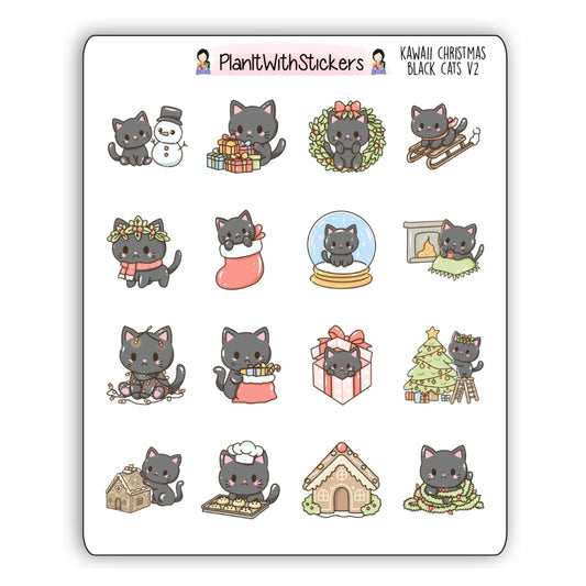 Kawaii Christmas Black Cat Journaling Stickers V2