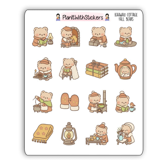 Kawaii Cottage Fall Bear Stickers