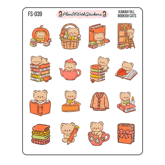 Kawaii Fall Bookish Bears Sticker Sheet
