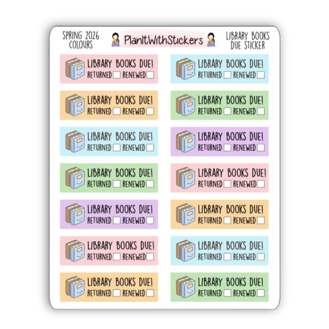 Library Books Due Reminder Sticker - Spring 2026 Colours