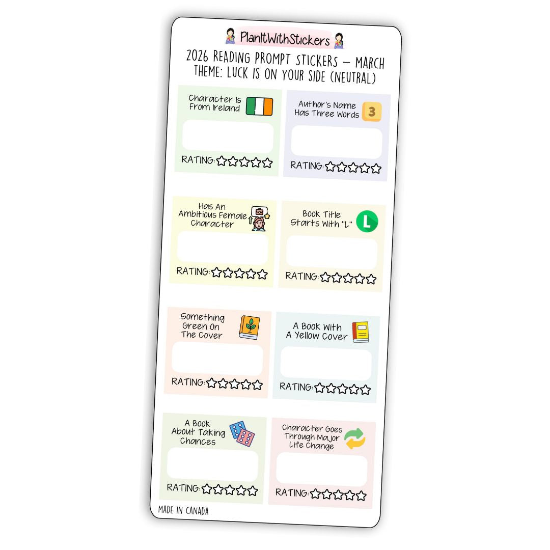 March 2026 – Luck Is On Your Side – Mini Reading Prompt Sticker Sheet (Rainbow or Neutral)