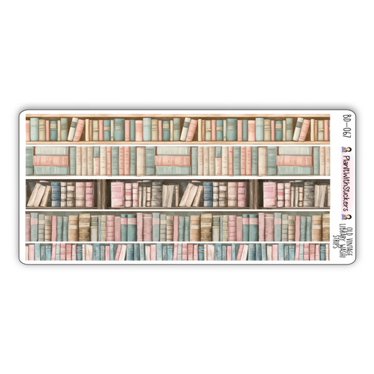 Full view of vintage themed washi strip sticker sheet with 5 stickers, shown in old vintage bookshelf artwork.