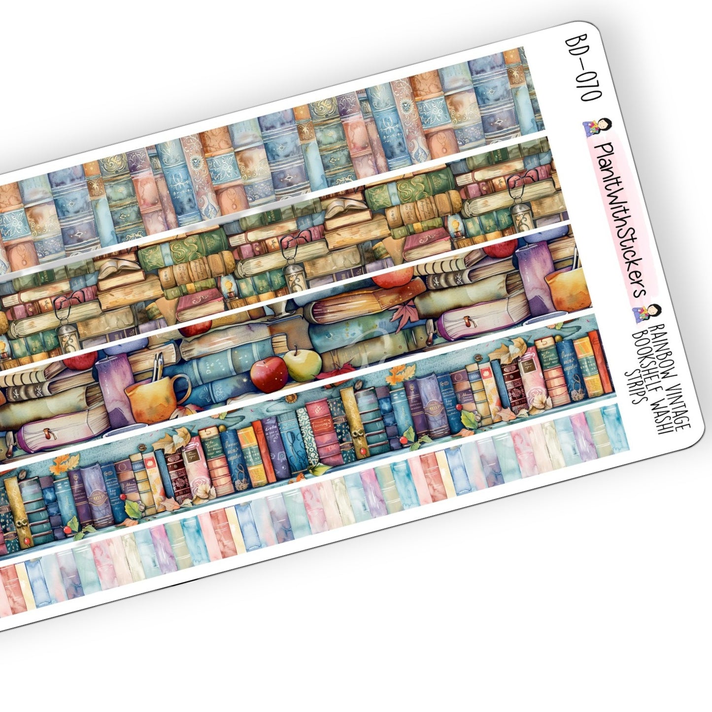 Close up view of rainbow vintage themed washi strip sticker sheet with 5 stickers, shown in rainbow vintage bookshelf artwork.