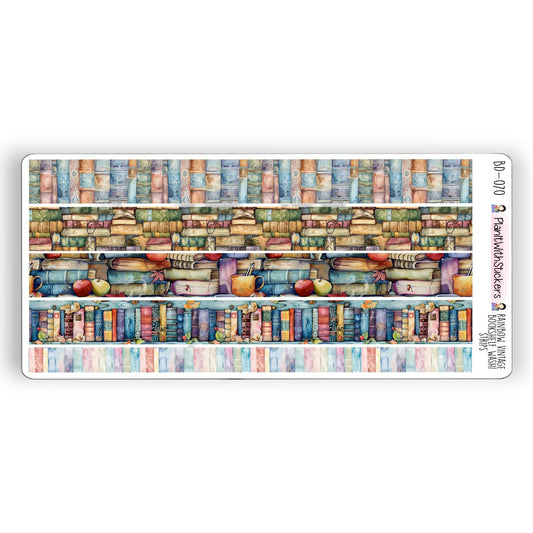 Full view of rainbow vintage themed washi strip sticker sheet with 5 stickers, shown in rainbow vintage bookshelf artwork.