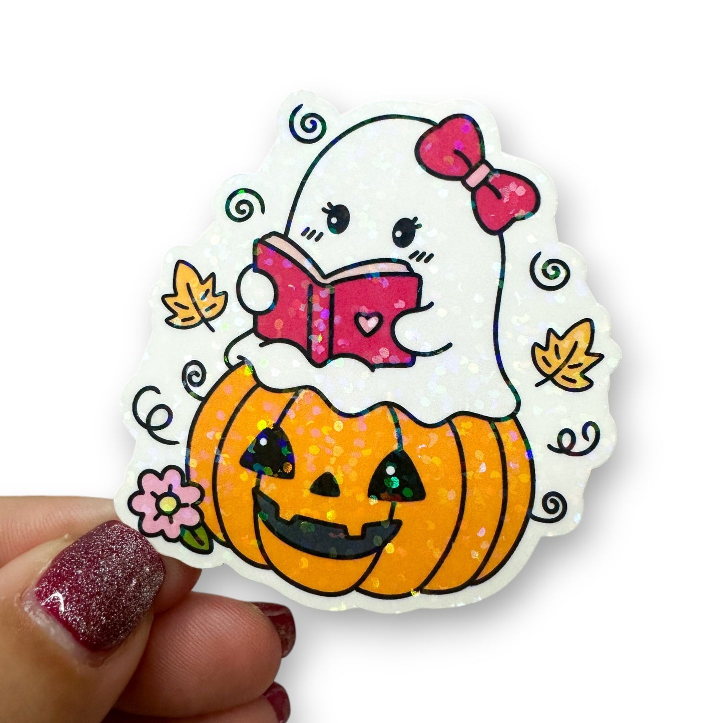 Jack-O-Lantern Ghost Cutie Reading Holographic Diecut Sticker