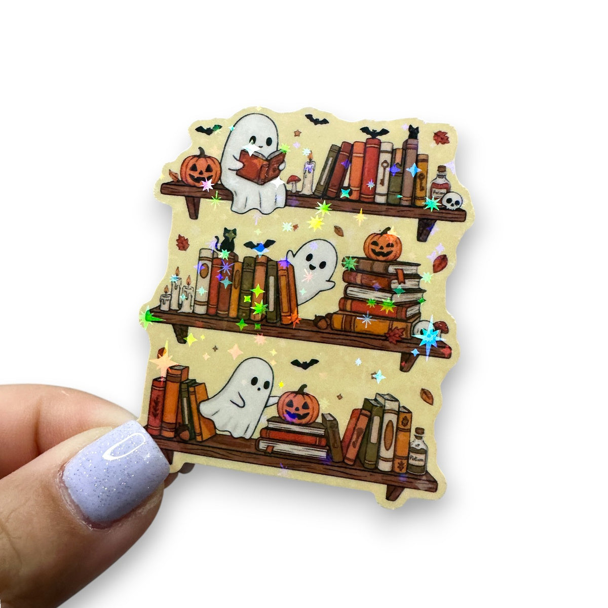 Spooky Ghost Bookshelves Holographic Diecut Sticker