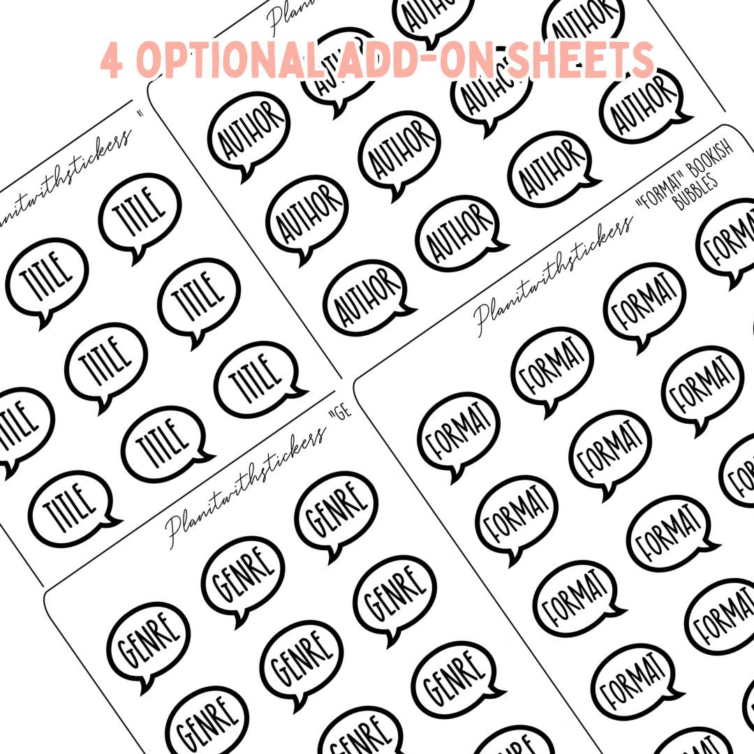 Close up of 4 sticker sheets, speech bubble icons, with words Title, Author, Genre, and Format.