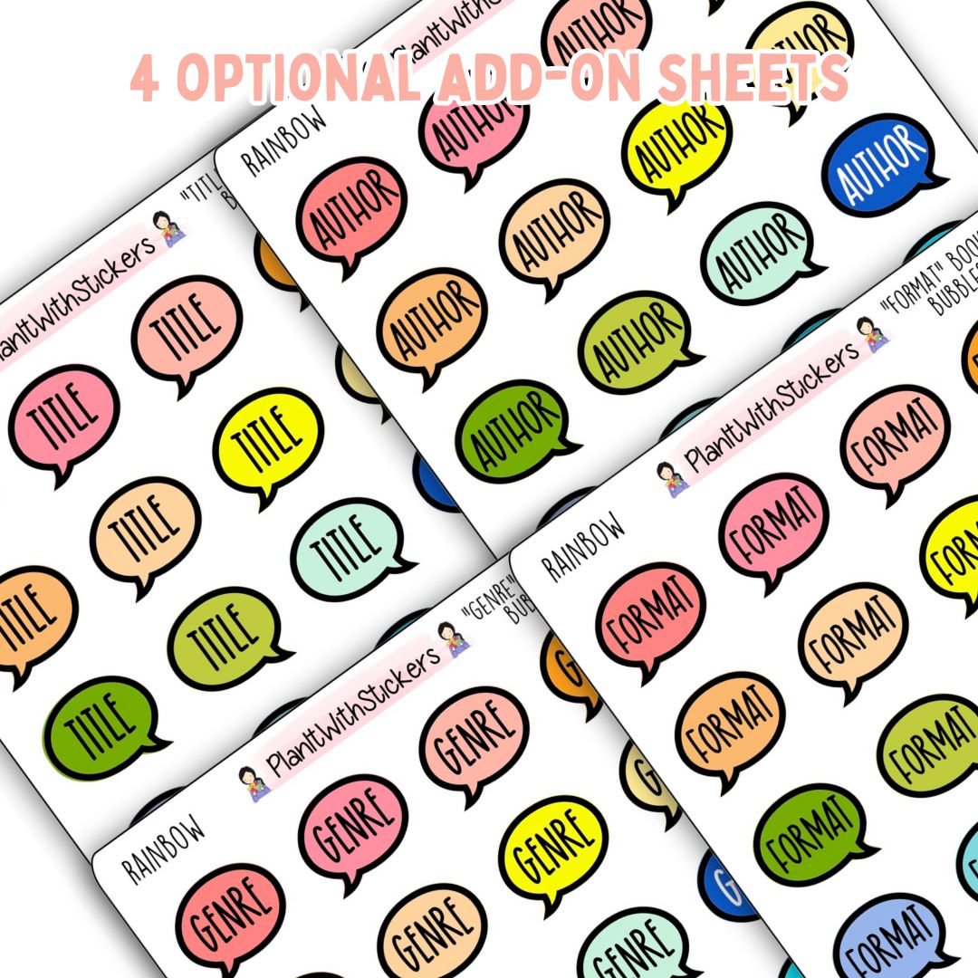 Close up of 4 sticker sheets, speech bubble icons, with words Title, Author, Genre, and Format.