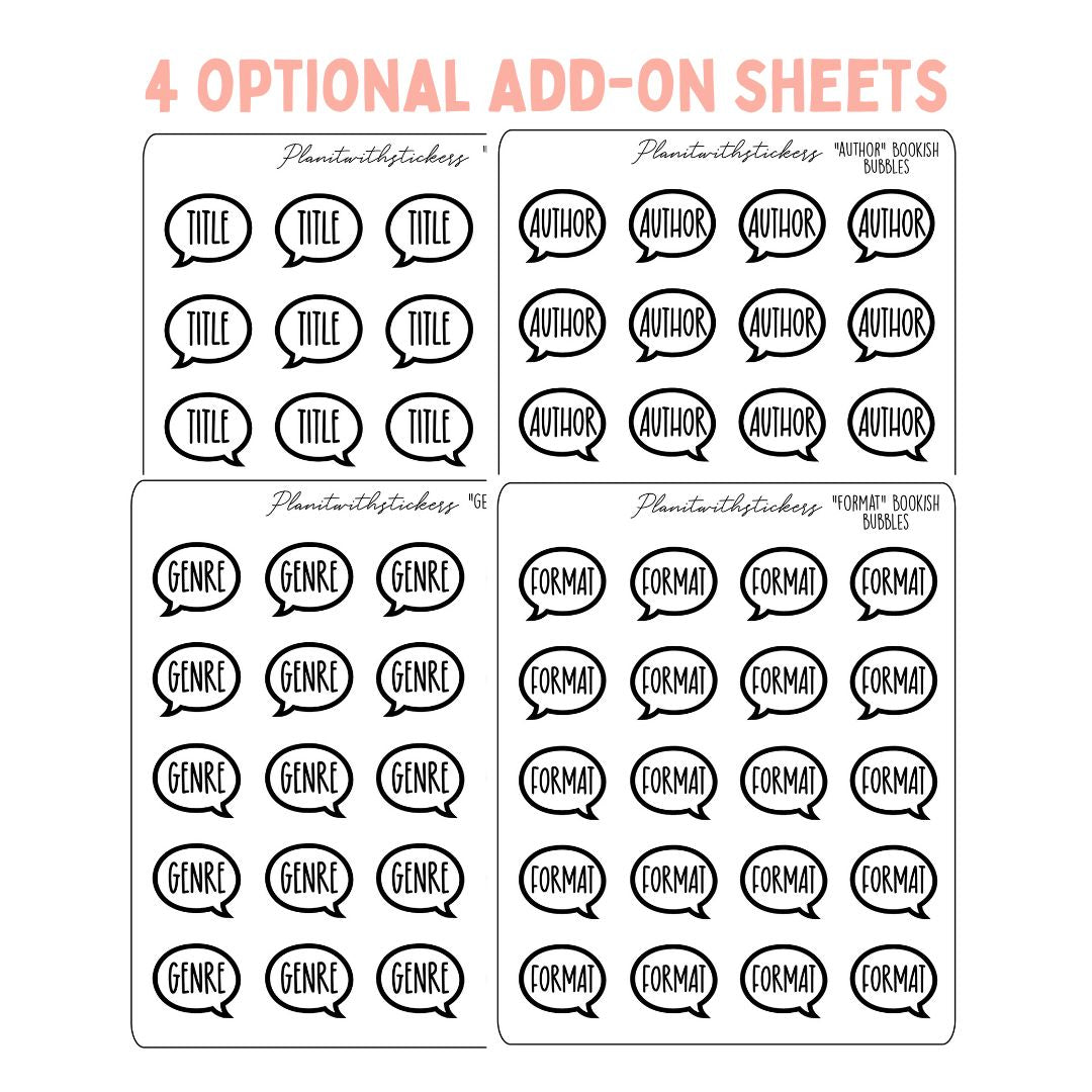 4 sticker sheets, speech bubble icons, with words Title, Author, Genre, and Format.