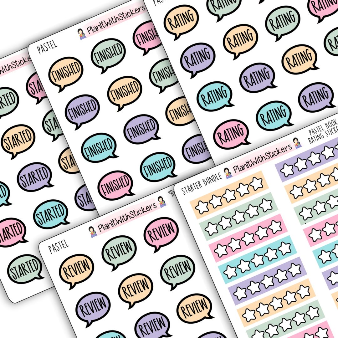 Close up of 5 sticker sheets, speech bubble icons, with words Started, Finished, Rating, Review, and star rating stickers.