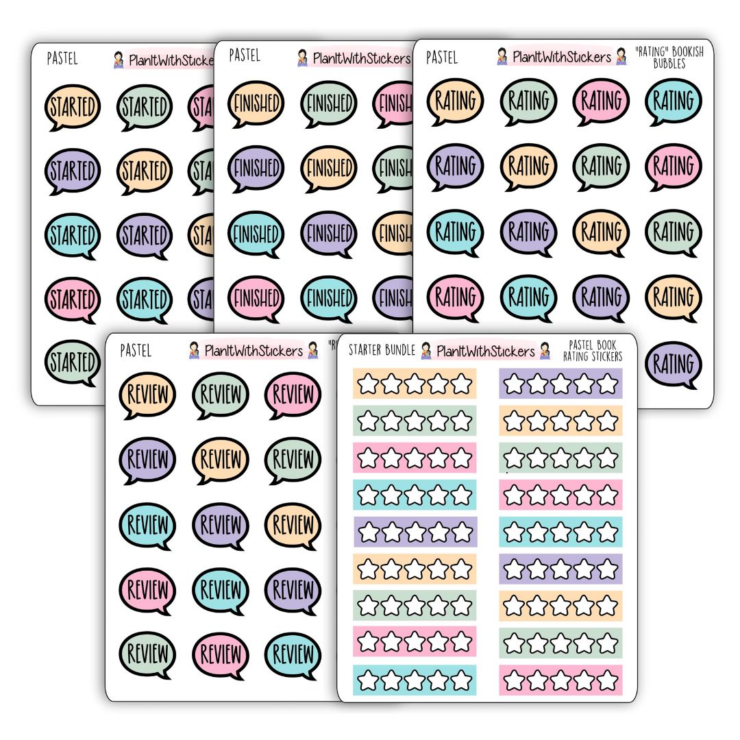 Full view of 5 sticker sheets, speech bubble icons, with words Started, Finished, Rating, Review, and star rating stickers.