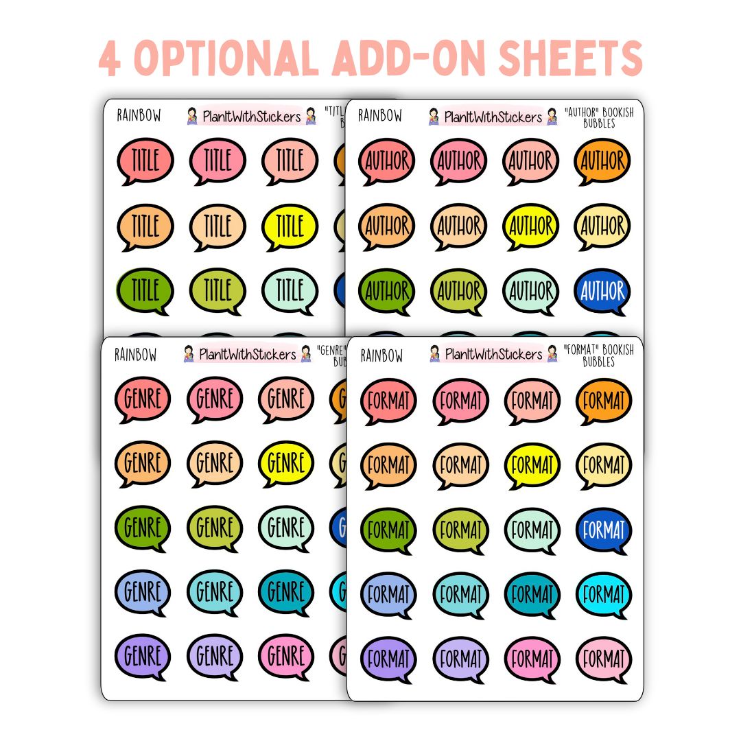 4 sticker sheets, speech bubble icons, with words Title, Author, Genre, and Format.