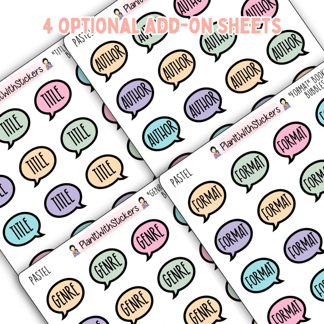 Close up of 4 sticker sheets, speech bubble icons, with words Title, Author, Genre, and Format.