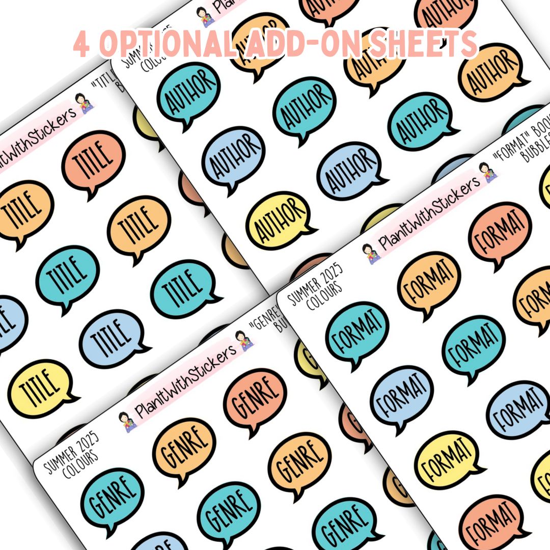 Close up of 4 sticker sheets, speech bubble icons, with words Title, Author, Genre, and Format.