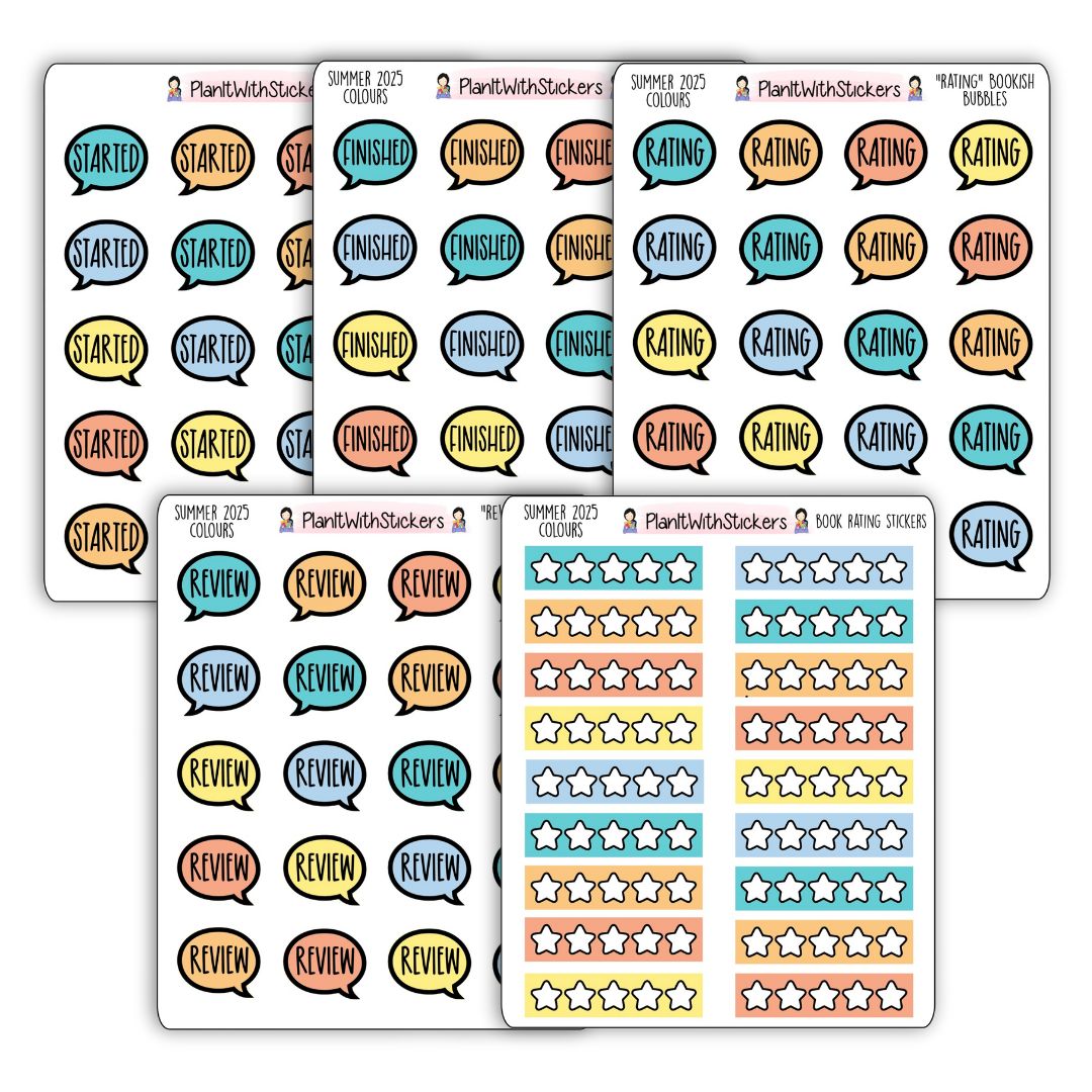 Full view of 5 sticker sheets, speech bubble icons, with words Started, Finished, Rating, Review, and star rating stickers.