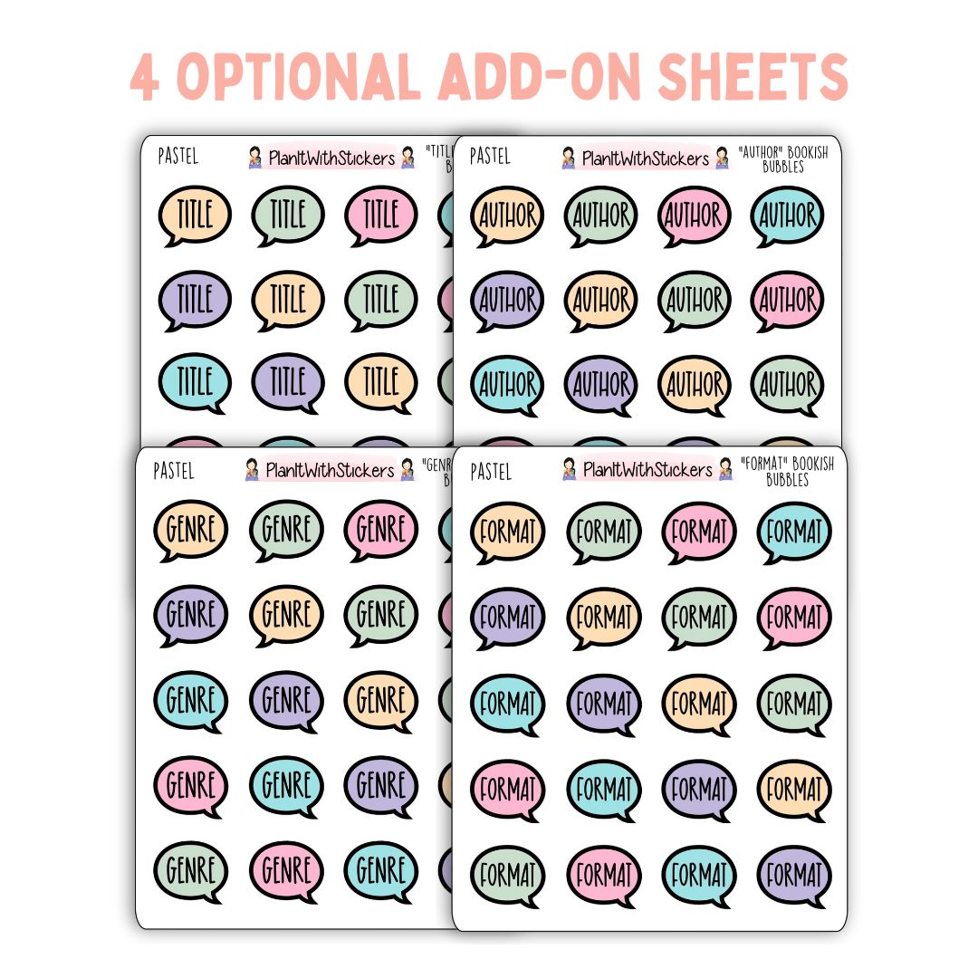 4 sticker sheets, speech bubble icons, with words Title, Author, Genre, and Format.