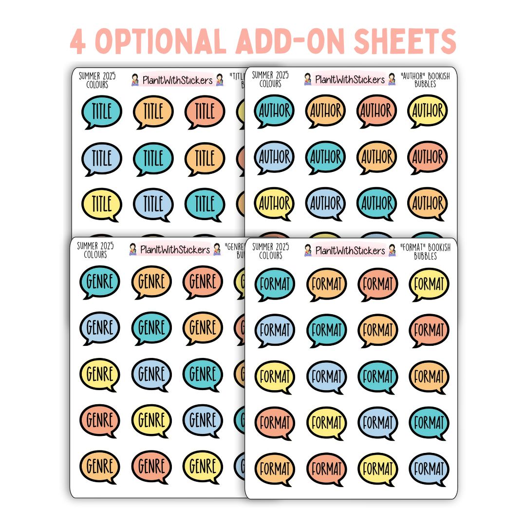 4 sticker sheets, speech bubble icons, with words Title, Author, Genre, and Format.