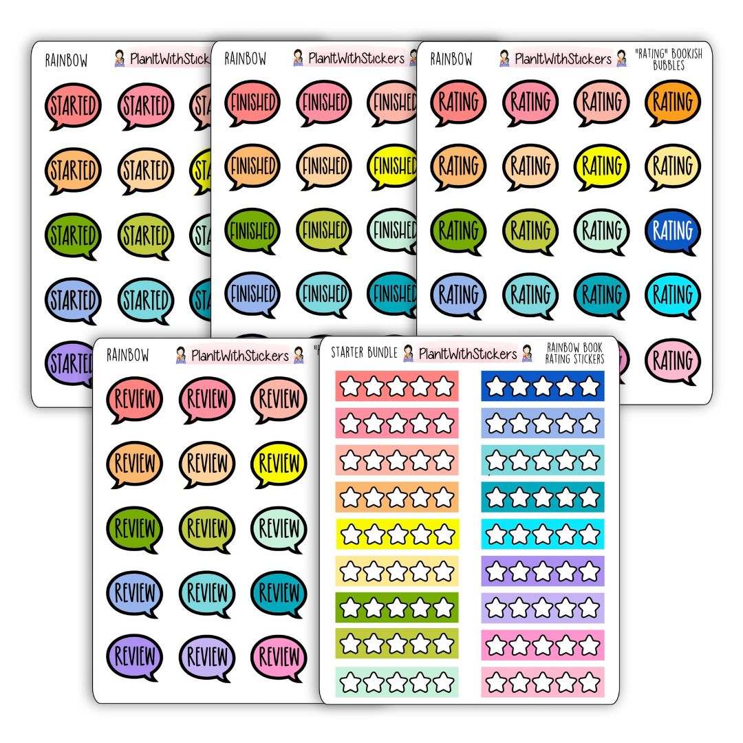 Full view of 5 sticker sheets, speech bubble icons, with words Started, Finished, Rating, Review, and star rating stickers.