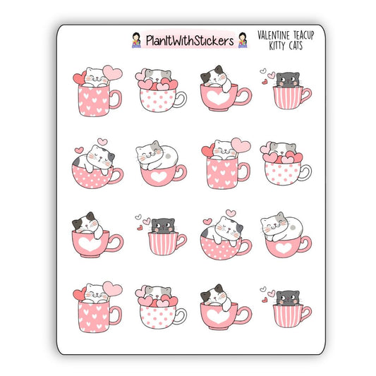 Valentine Teacup Kitty Cats Sticker Sheet