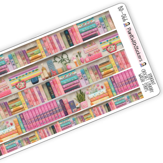 Close up view of pastel coloured bookshelf themed washi strip sticker sheet with 5 stickers, in a crochet-like texture.