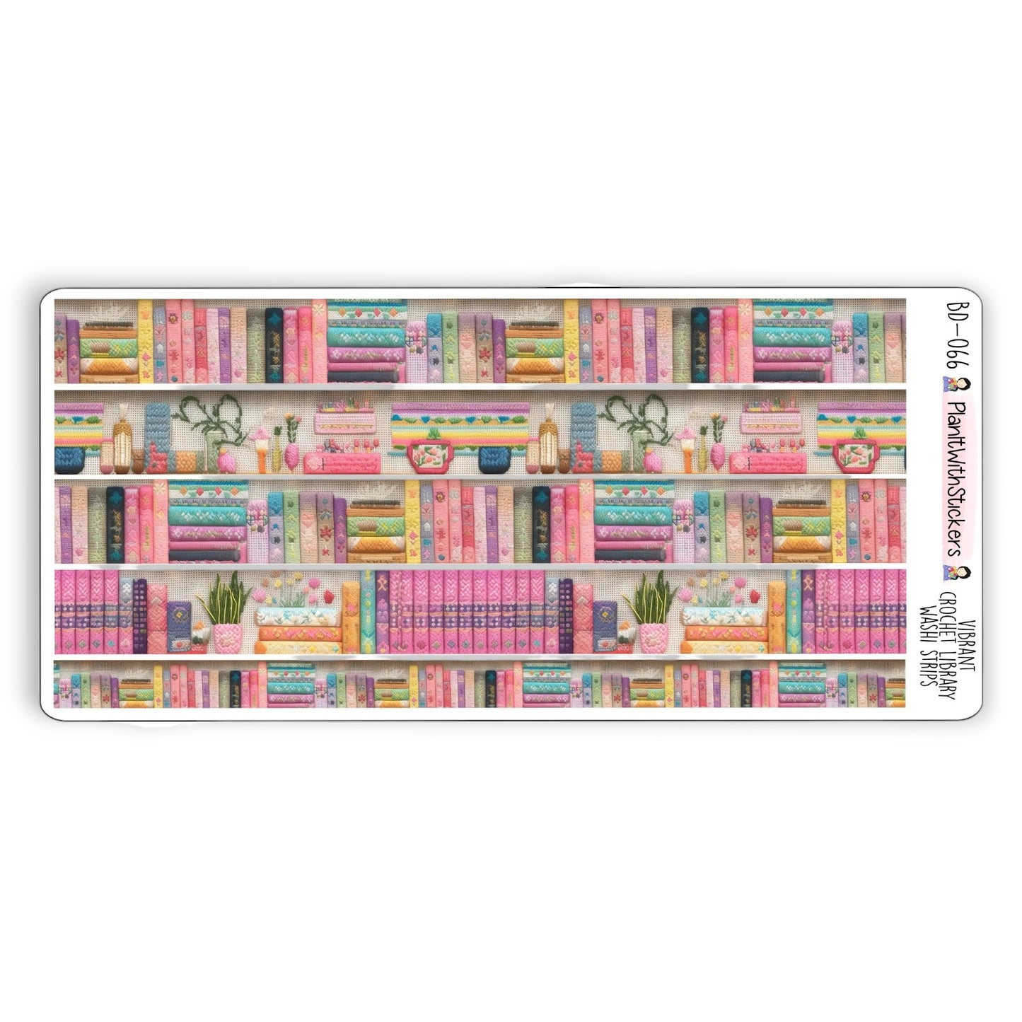 Full view of pastel coloured bookshelf themed washi strip sticker sheet with 5 stickers, in a crochet-like texture.