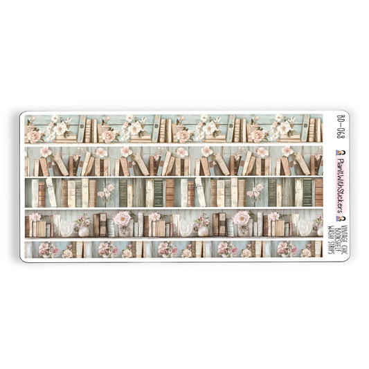 Full view of vintage chic themed washi strip sticker sheet with 5 stickers, shown in vintage chic bookshelf artwork.