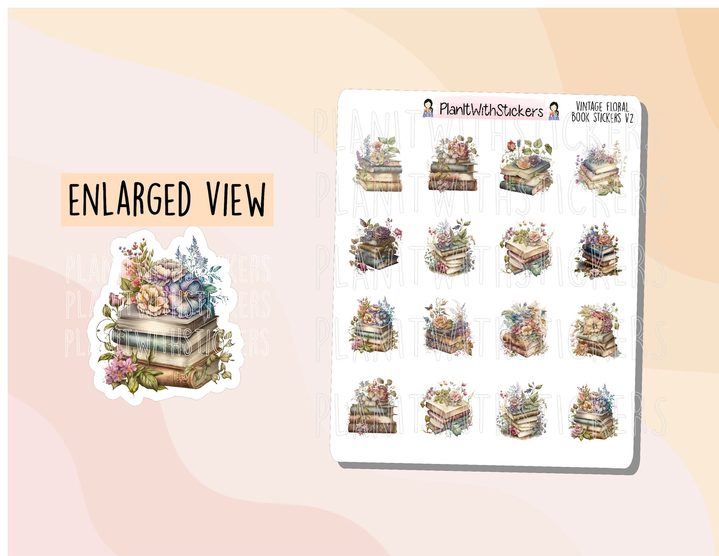 Vintage Library - Floral Book Icon Stickers - Version 2