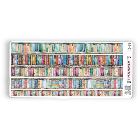 Full view of watercolour rainbow themed washi strip sticker sheet with 5 stickers, shown in rainbow bookshelf artwork.