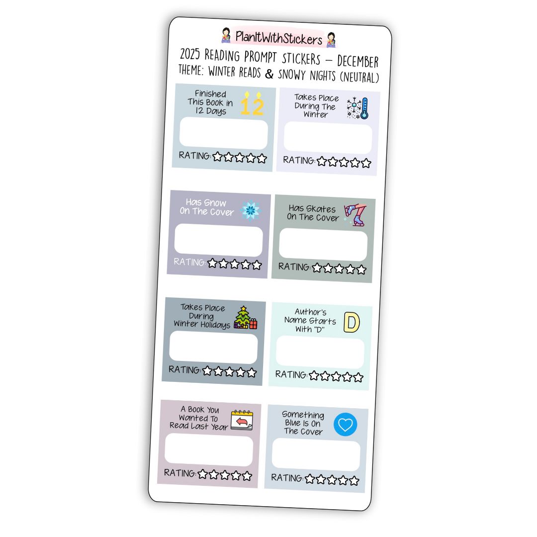 Full view of winter-themed mini reading challenge sticker sheet with 8 book prompts, shown in neutral colour options.