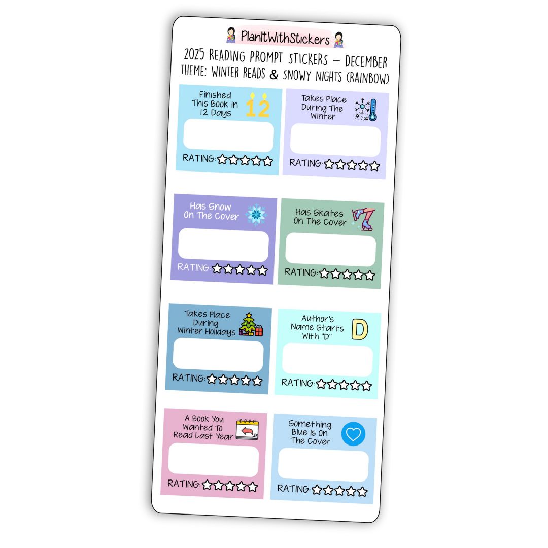 Full view of winter-themed mini reading challenge sticker sheet with 8 book prompts, shown in rainbow colour options.