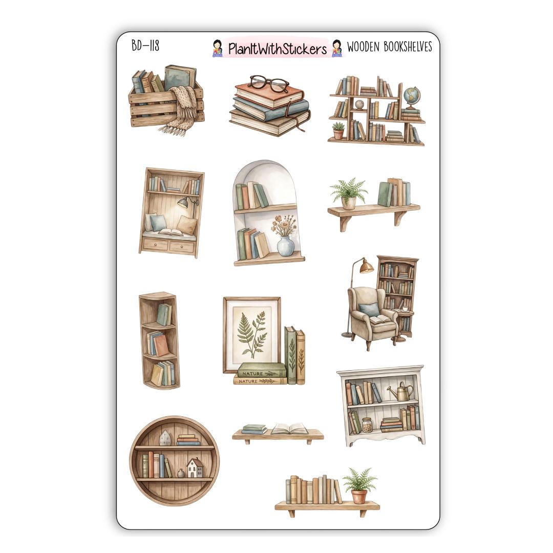 Wooden Bookshelves Book Journal Deco Stickers